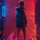 Crop of a poster for Adult Swim's Blade Runner: Black Lotus, featuring the protagonist Elle wielding a sword in an alleyway.